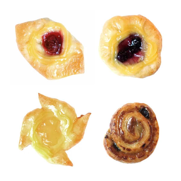 Fruit danish and cinnamon raisin rolls desserts isolated on whit — Stock Photo, Image