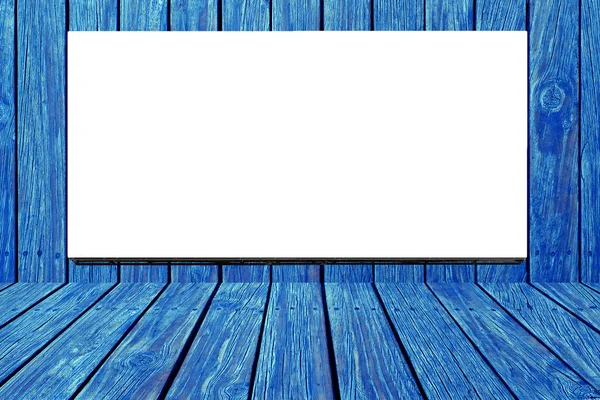 Outdoor em branco para publicidade na parede de madeira azul — Fotografia de Stock