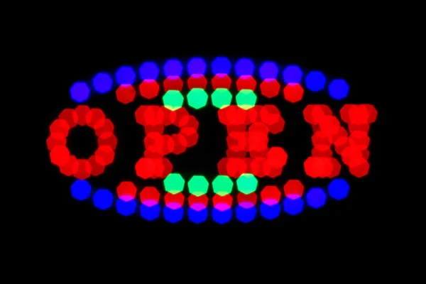 Vývěsní štít rozmazané červená neon zelené a modré s aplikací word otevřít — Stock fotografie