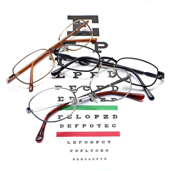glasses on snellen eye sight chart test