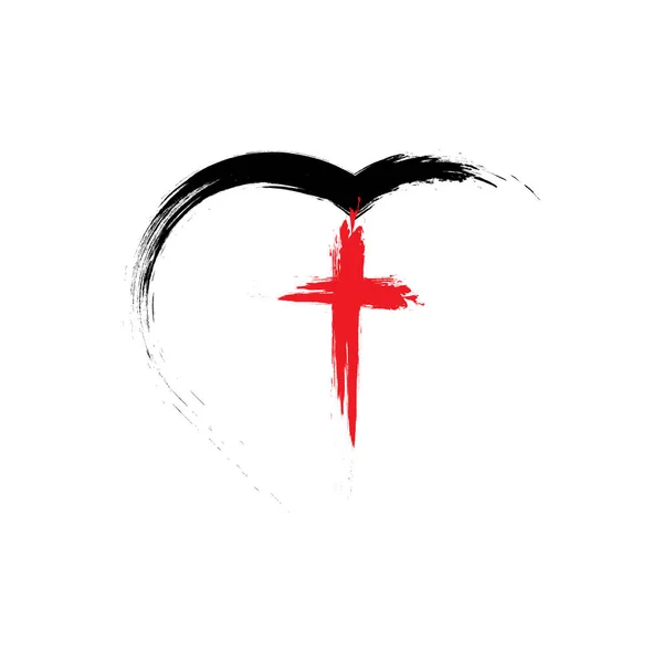 基督教的十字架和黑色的心 用笔画 白色背景上孤立的符号 — 图库矢量图片
