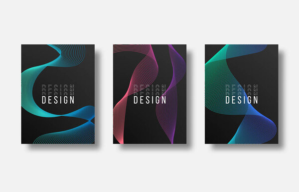 Set of abstract cover design, business brochure template for report in A4 with dynamic waves, soft lines and shapes. Vector