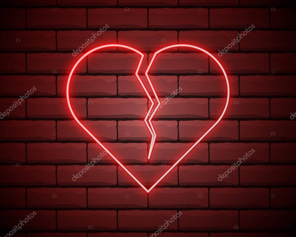 Broken heart neon light icon. Heartbreak glowing sign. Beak up. Vector isolated illustration