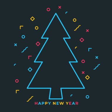 Noel Ağacı ve modern geometrik soyut arka planlı mutlu yeni yıl 2021 afişleri. 2021 yılının tebrik kartı tasarımı için mutlu yıllar. Renkli şekiller içeriyor. Vektör illüstrasyonu.