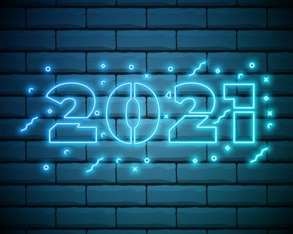 Renkli neon 2021 Mutlu yıllar Neon pankartı. Tuğla duvarda gerçekçi parlak neon reklam panosu. Parlak mesajlı tatil kartı kavramı. 2021 Neon Metin. Renkli Işık Sancağı