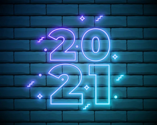 Renkli neon 2021 Mutlu yıllar Neon pankartı. Tuğla duvarda gerçekçi parlak neon reklam panosu. Parlak mesajlı tatil kartı kavramı. 2021 Neon Metin. Renkli Işık Sancağı