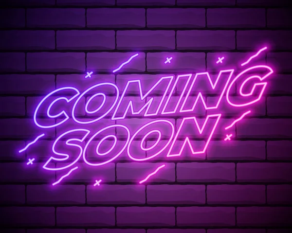 Yakında Neon İşaret Vektörü bir tuğla duvar arkaplan vektör tasarımı element ışık pankartı duyurusu neon ışıklı gece macerası. Vektör İllüstrasyonu.