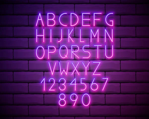 Polices Alphabet Néon Violet Lettres Effet Lumière Chiffres Sur Fond — Image vectorielle