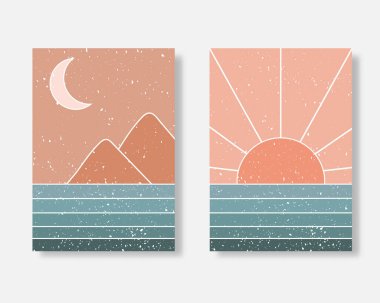 Soyut çağdaş estetik arka planlar. Güneş, Ay, deniz, dağlar. Toprak tonları, pastel renkler. Boho duvar dekoru. Orta yüzyıl modern minimalist sanat baskısı. Düz soyut tasarım