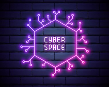 Reklam ve pankart için parlayan neon altıgen desen. Kulüp ve bar için siber altıgen simge. Siber Alan simgesi.