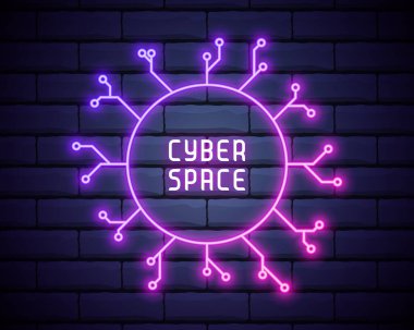 Reklam ve pankart için parlayan neon dairesel desen. Kulüp ve bar için Siber Daire Simgesi. Siber Alan simgesi.