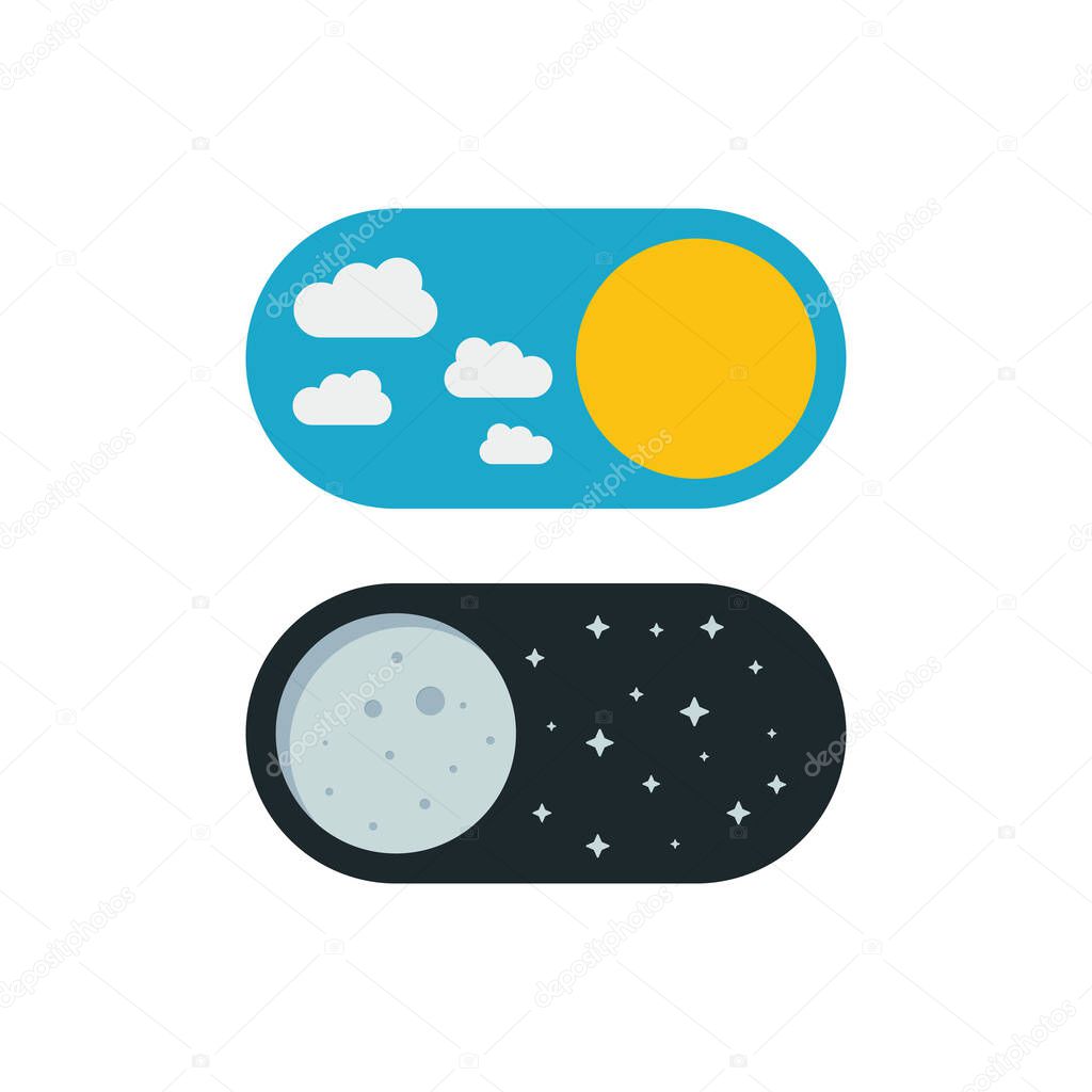 Vector illustration of day and night. Day night concept, sun and moon, day night icon. User Interface element - On Off switcher.