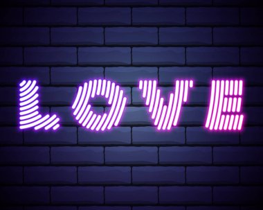 Neon işareti. Koyu tuğlalı duvarda 