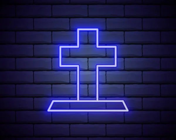 Glowing Neon Tombstone Icon Isolated Brick Wall Background Grave Icon — Stock Vector