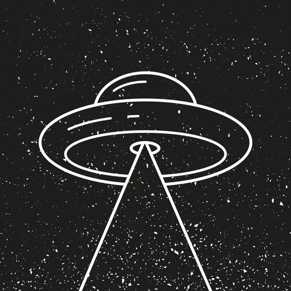 Karanlık arka planda izole edilmiş UFO uzay gemisi uzaylıları - vektör çizim posteri. Gelecekteki bilinmeyen uçan nesne, Kara Düz Tasarım. Dünya UFO Günü 'nde Galaktik Uzay Aracı ziyareti