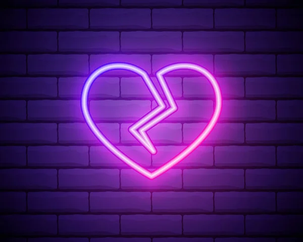 Broken Heart Neon Light Icon Heartbreak Glowing Sign Beak Vector — Stock Vector