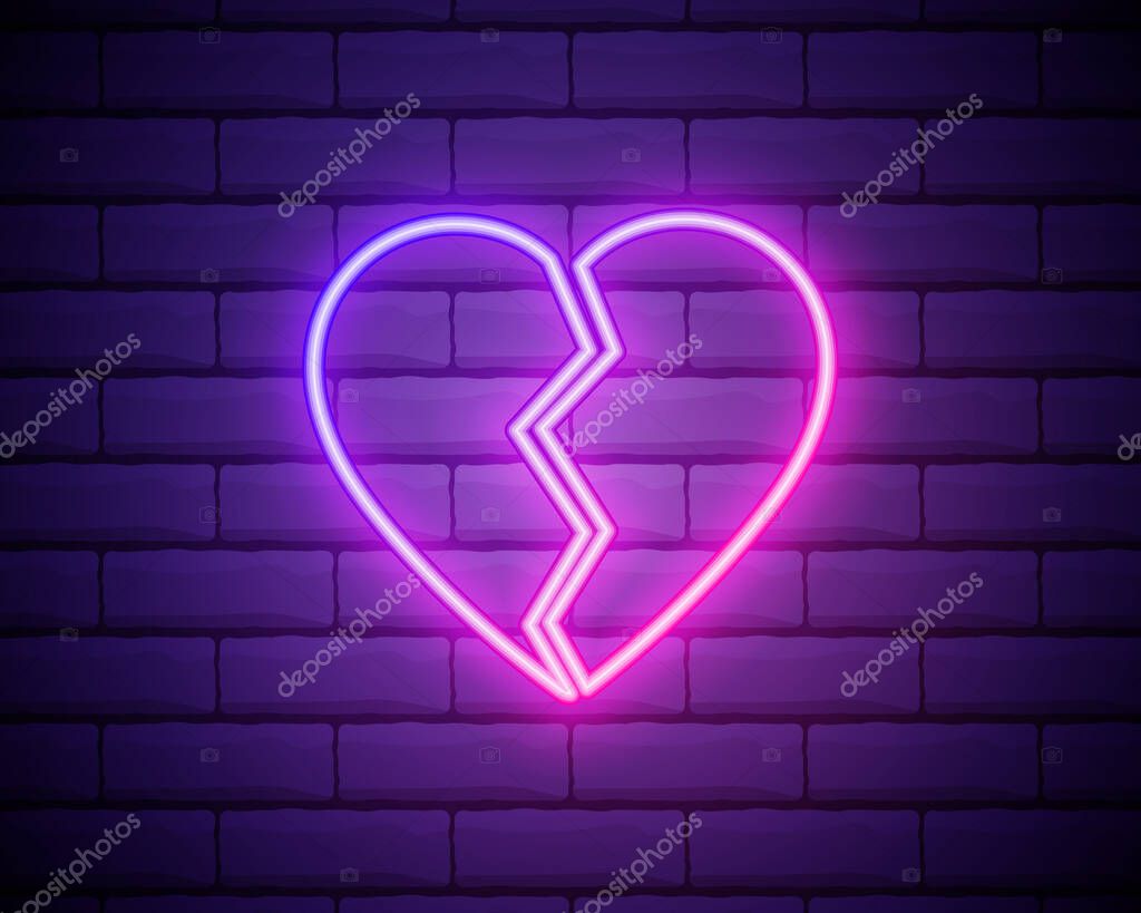 Broken heart neon light icon. Heartbreak glowing sign. Beak up. Vector isolated illustration.