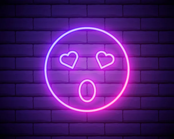 Aşık emojinin neon çizimi. Karikatürün vektör simgesi kalp gözlü ve neon şeklinde gülümseyen bir ifade. Arkaplan ışığıyla parlayan ifade