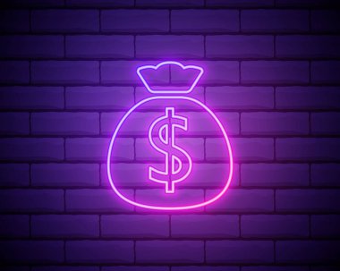 Neon ışığı. Para çantası çizgisi simgesi. Nakit bankacılık tabelası. Dolar ya da USD sembolü. Parlak grafik tasarımı. Tuğla duvar Vektör.