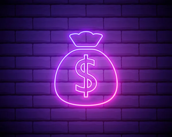 Neon ışığı. Para çantası çizgisi simgesi. Nakit bankacılık tabelası. Dolar ya da USD sembolü. Parlak grafik tasarımı. Tuğla duvar Vektör.