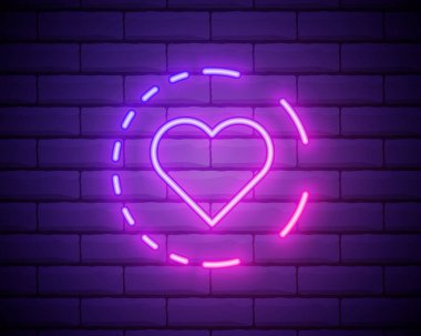 Parlak bir kalp. Neon işareti. Mor arka planda Retro neon kalp işareti. Sevgililer Günü için tasarım öğesi. Tasarımına, tebrik kartına ve afişine hazırım. Vektör illüstrasyonu