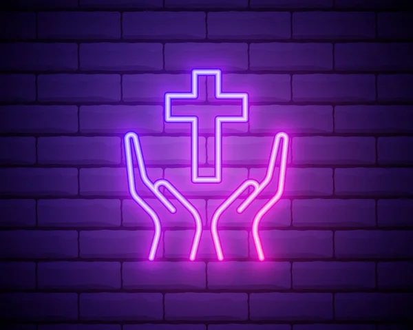 Praying Hands Neon Sign Gratitude Prayer Design Night Bright Neon — Vetor de Stock