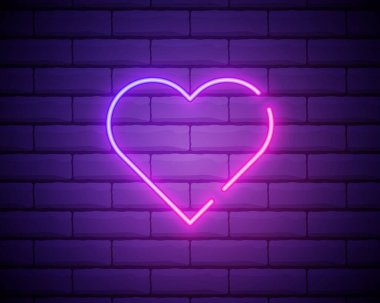 Parlak bir kalp. Neon işareti. Mor arka planda Retro neon kalp işareti. Sevgililer Günü için tasarım öğesi. Tasarımına, tebrik kartına ve afişine hazırım. Vektör illüstrasyonu