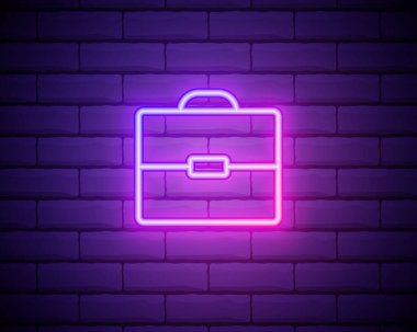 Portföy çizimi neon ikonu. Tuğla duvara izole edilmiş basit ince çizgi, ui ve ux için eğitim simgelerinin ana hatları vektörü, web sitesi veya mobil uygulama.
