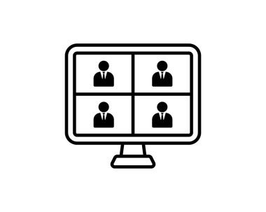 Video konferans ikonu. Bilgisayar ekranındaki insanlar. Karantina zamanındaki merkez ofis. Dijital iletişim. İnternet öğretim medyası