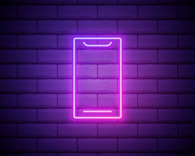 Cep telefonu, akıllı telefon neon ışığı. Duvarın arka planında parlak bir sembol var. Neon biçim simgesi