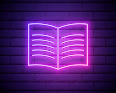 Açık kitap taslak neon ikonu. Tuğla duvara izole edilmiş basit ince çizgi, ui ve ux için eğitim simgelerinin ana hatları vektörü, web sitesi veya mobil uygulama.