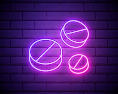 Parlayan neon hattı hapları, duvarın arkasında izole edilmiş. İlaç paketi. Tablet vitamin, antibiyotik, aspirin. Vektör İllüstrasyonu.