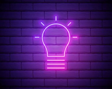Parlayan neon ışıklı ampul parlaklığı simgesi tuğla duvar arkasında izole edilmiş. Enerji ve fikir sembolü. Lamba elektrikli. Vektör İllüstrasyonu.