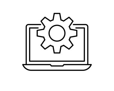 Teknik destek ikonu. Bilgisayar servisi. Vitesler ekranda. Düz biçimde izole edilmiş vektör illüstrasyonu