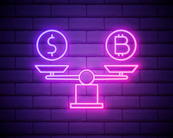 Bitcoin, neon ikon ölçekte dolara karşı. Bitcoin engelleme zinciri elementleri. Tuğla duvara izole edilmiş web siteleri, web tasarımı, mobil uygulama ve bilgi grafikleri için basit simge.