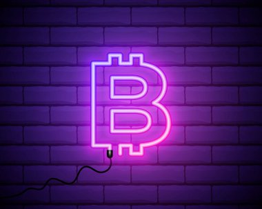 Duvarın arka planında parlayan neon paralar Bitcoin simgesi. İnternet parası için Bitcoin. Madeni para. Dijital para birimi. Engelleme zinciri tabanlı şifreli para birimi. Vektör İllüstrasyonu.