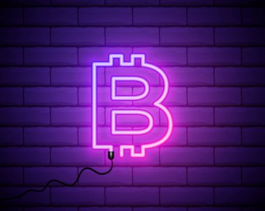 Duvarın arka planında parlayan neon paralar Bitcoin simgesi. İnternet parası için Bitcoin. Madeni para. Dijital para birimi. Engelleme zinciri tabanlı şifreli para birimi. Vektör İllüstrasyonu.