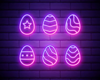 Paskalya yumurtası logosunun, şablon dekorasyonu ve duvar arkası için izole edilmiş gerçekçi neon işaretinin vektör seti. Mutlu Paskalyalar Kutlaması