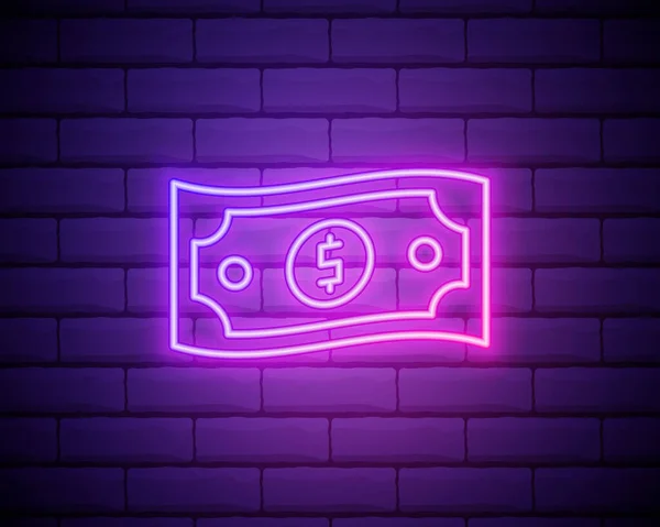 Bir deste banknot neon ışığı. Para, finans ve bankacılık konsepti. Reklam tasarımı. Gece lambası tabelası, renkli reklam panosu, açık renk pano. Neon biçiminde vektör illüstrasyonu