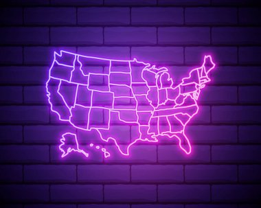Birleşik Devletler haritasında parlayan neon lamba işareti. Gerçekçi vektör çizimi. Mor tuğla duvar, menekşe parıltısı