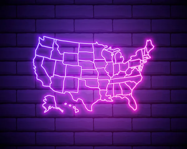 Estados Unidos Mapa Brillante Lámpara Neón Signo Ilustración Vectorial Realista — Vector de stock