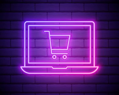 Ekran dizüstü bilgisayarında parlayan neon alışveriş arabası tuğla duvar arkasında izole edilmiş. Konsept e-ticaret, e-ticaret, online iş pazarlama. Vektör İllüstrasyonu.