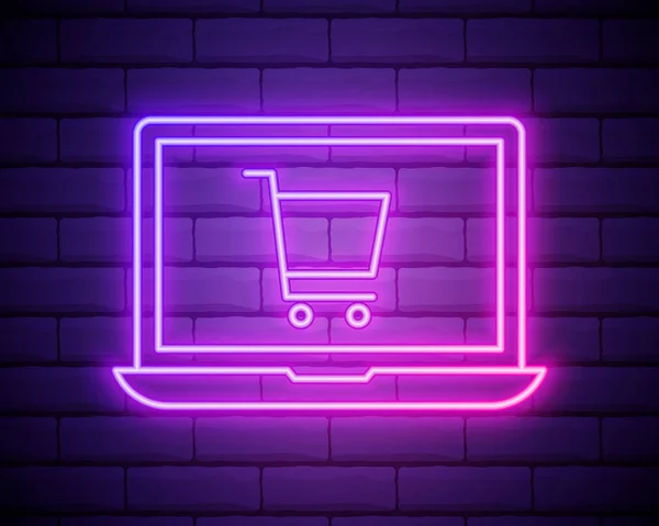 Glowing Neon Shopping Cart Screen Laptop Icon Isolated Brick Wall — Stock Vector