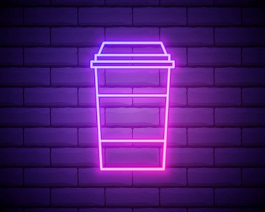 Kahve, kapuçino, neon ikonu. Basit ince çizgi, UI ve UX için yiyecek simgelerinin ana hatları vektörü, web sitesi veya koyu tuğla duvardaki mobil uygulama.