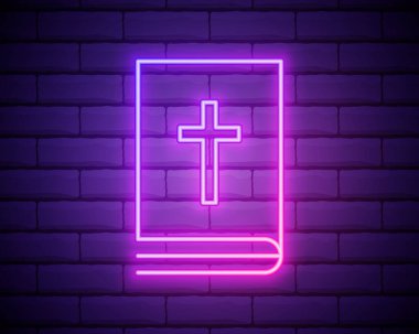 Kutsal İncil neon ışığı ikonu. Parlak işaret. Vektör illüstrasyonu tuğla duvarda izole edildi