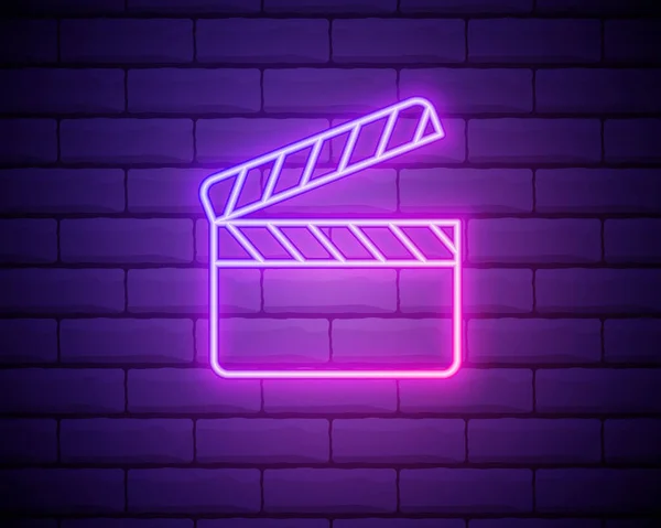 Leuchtende Neon Movie Klöppel Ikone Isoliert Auf Backsteinwand Hintergrund Filmklappbrett — Stockvektor