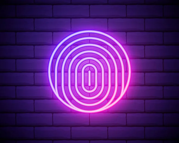 レンガの壁の背景に単離されたネオン指紋アイコンを光る Idアプリのアイコン 身分証明書 タッチId ベクターイラスト — ストックベクタ