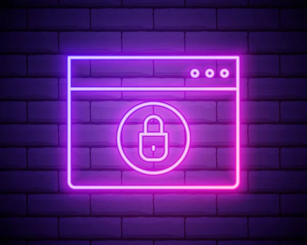 ネオンラインの輝きレンガの壁の背景に隔離されたパスワード保護と安全アクセスアイコン セキュリティ 安全性 プライバシーの概念 ベクターイラスト — ストックベクタ