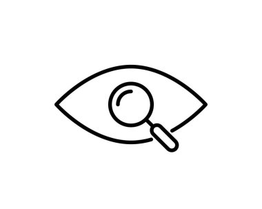 Büyüteçli cam çizgisel ikonu olan göz. İnce çizgili çizim. Göz testi. Vizyon muayenesi. Contour sembolü. Vektör izole çizim. Düzenlenebilir vuruş.