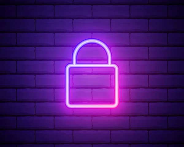 Glowing Neon Line Lock Icon Isolated Brick Wall Background Closed — Stock Vector